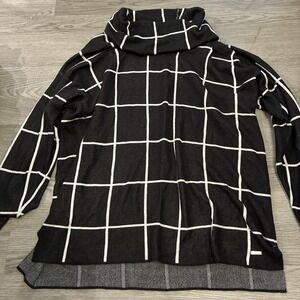 Calvin Klein Womens Black Windowpane Cowl Neck Sweater Size XL Black White